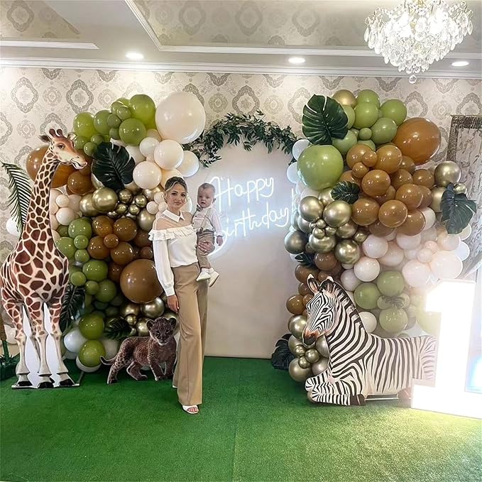 Jungle Safari Balloon Arch Garland Kit, Sage Olive Green Brown Beige with Animal Print Wild One Ballons, Giraffe Balloon for Kids Safari Baby Shower Forest Woodland Theme Birthday Party Decorations