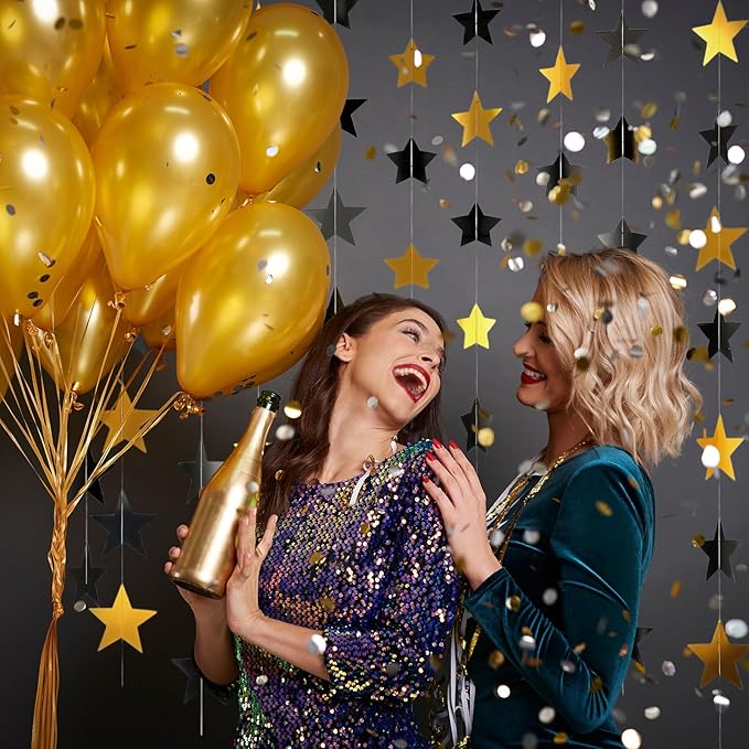 Spakon 65 Feet Glitter Star Paper Garland Banner Hanging Decoration Star Streamers Double Side 2026 Graduation Decorations for Wedding Birthday Festival New Year Party Decoration(Gold Black)