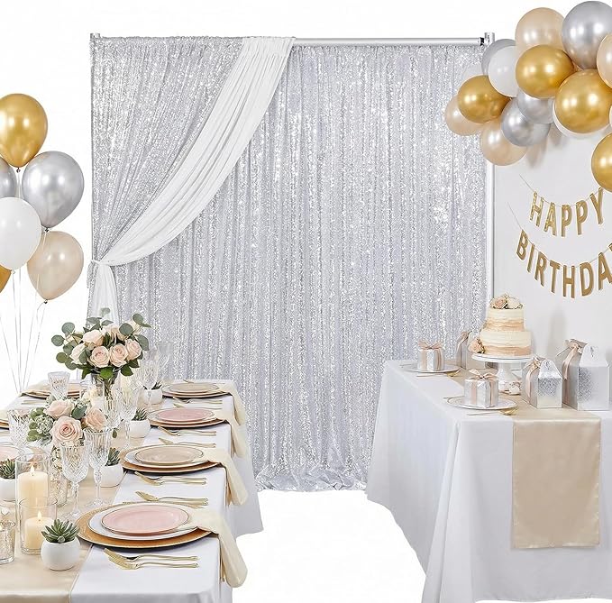 B-COOL Sequin Backdrop Curtains 2 Packs Silver Sparkle Backdrop 3.3ftx8ft Fabric Glitter Background Drapes for Party Ceremony Wedding Birthday Decoration