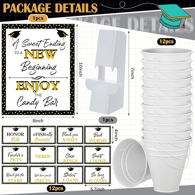 12 Set 2026 Graduation Candy Buffet Party Decoration Graduation Table Candy Bar Snack Labels Signs and 5'' Buckets with Handle for Class of 2026 Party Parties Supplies(Star Style,White)