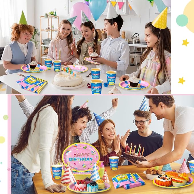 Vesici 150 Pcs Cartoon Birthday Oval Paper Plates and Napkins Set-serves 50, Cartoon Teacher Party Supplies 10'' x 12'' Large Disposable Heavy Duty Plate English Teacher Tableware for Birthday Party