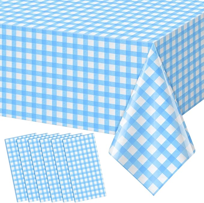 6pcs 54X108inch Light Blue Checkered Tablecloth,Blue Gingham Tablecloths Buffalo Plaid Disposable Plastic Table Covers for Birthday Baby Shower Bridal Wedding Party Birthday Decorations