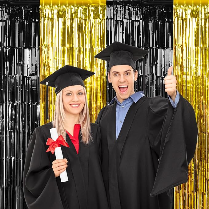 6Pack 3.3Ft x 6.6Ft Graduation Foil Fringe Curtain Backdrop Decorations, Black Gold Metallic Tinsel Foil Streamers Curtain Photo Booth Background for Graduation Prom Wedding Birthday Party Decorations