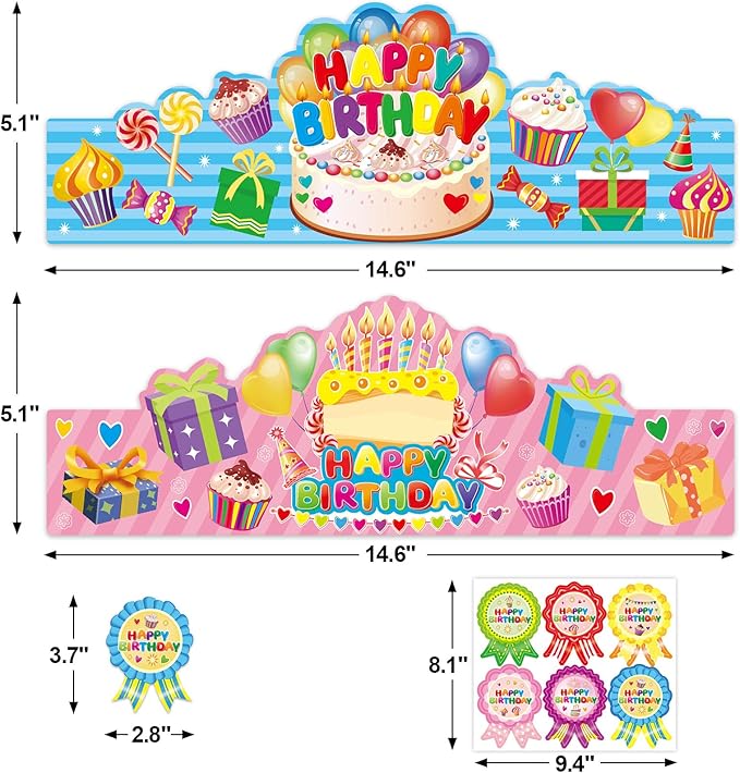 WorldBazaar Birthday Crowns for Kids Classroom 36 Pack Happy Birthday Hats with Badge Stickers Teacher Classroom School Family VBS Party Supplies