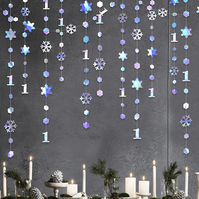 52Ft Winter Onederland Birthday Decorations Iridescent Snowflakes 1st Holographic Paper Snowflakes Garland Streamer for Winter Wonderland Christmas Frozen Snowflake First Birthday Party Supplies