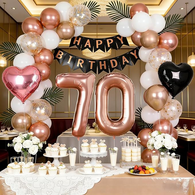 70th Birthday Decorations for Women - Rose Gold, Black and Hot Pink Party Supplies Set with Happy 70th Banner, Number 70 Balloons and Foil Fringe Curtains - 70 Year Old Celebration Kit