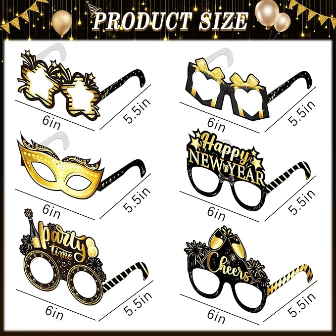 FRIDAY NIGHT Happy New Year Paper Glasses 24 PCS New Years Eve Party Supplies 2026 Funny Eyeglasses Eyewear Happy New Years Decorations