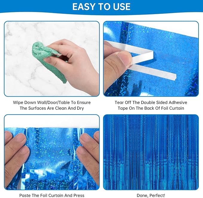 2 Pack 3.3 x 8.2 ft Tinsel Foil Fringe Curtain Backdrop, Upgraded Blue Glitter Metallic Streamers Backdrop Curtains for Birthday Parties, Baby Shower, Under the sea, Ocean Mermaid Party Decorations