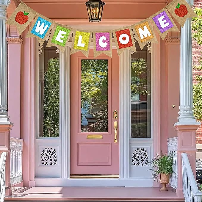 Welcome Burlap Banner Back to School Party Decorations Glitter Welcome Banner with Apple Sign - First Day of School Party Supplies for Classroom,Teacher,and Office Hanging Decor