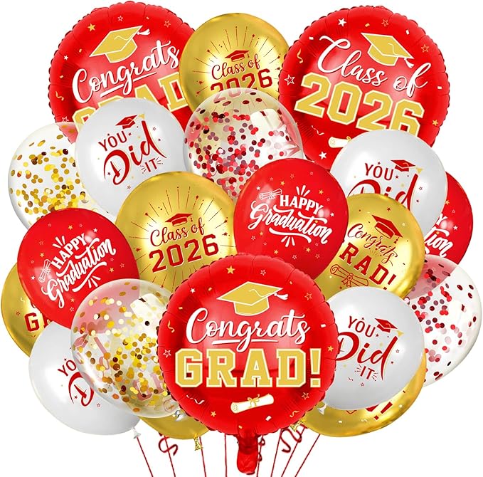 Red and Gold Graduation Balloons Graduation Decorations 2026, 51Pcs Grad Latex Balloons and Grad Foil Balloon with Confetti Ribbons Grad Party Decorations for College High School