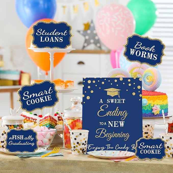 Graduation Candy Buffet Labels for Grad Party Decorations, Graduation Candy Bar Dessert Food Label Signs Set, Class of 2026 Grad Parties Table Decor Supplies (Blue and Gold)