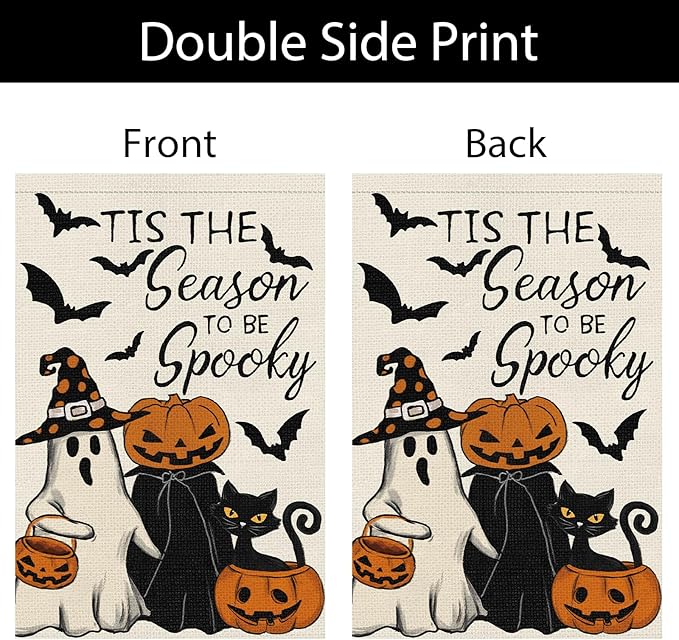 Halloween Garden Flag Tis the Season to be Spooky Ghost Pumpkins Black Cat Yard Flag 12x18 Inch Double Sided Holiday Yard Outdoor Decoration