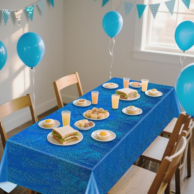4Pcs Blue Holographic Tablecloths Rectangular Blue Iridescent Tablecloth Shimmer Metallic Table Covers for Baby Shower Birthday Wedding Ocean Theme, 54x108Inch