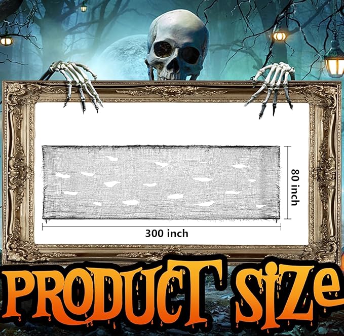 Watayo 300 x 80 Inch Halloween Creepy Cloth, Black Large Size Halloween Scary Spooky Cloth, Windows Doorways Cover Gauze for Holiday Party Haunted House Decorations