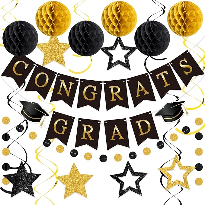 Black and Gold Congrats Grad Banner 2026 Graduation Decorations with Hanging Swirl Honeycomb Ball Circle Garland Grad Party Favor Supplies for College Senior High School Classroom Decor