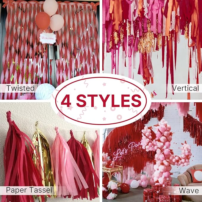 PartyWoo Crepe Paper Streamers 4 Rolls 328ft, Pack of Burgundy and Gold Crepe Paper for Party Decorations, Wedding Decorations, Birthday Decorations, Baby Shower Decorations (1.8 Inch x 82 Ft/Roll)