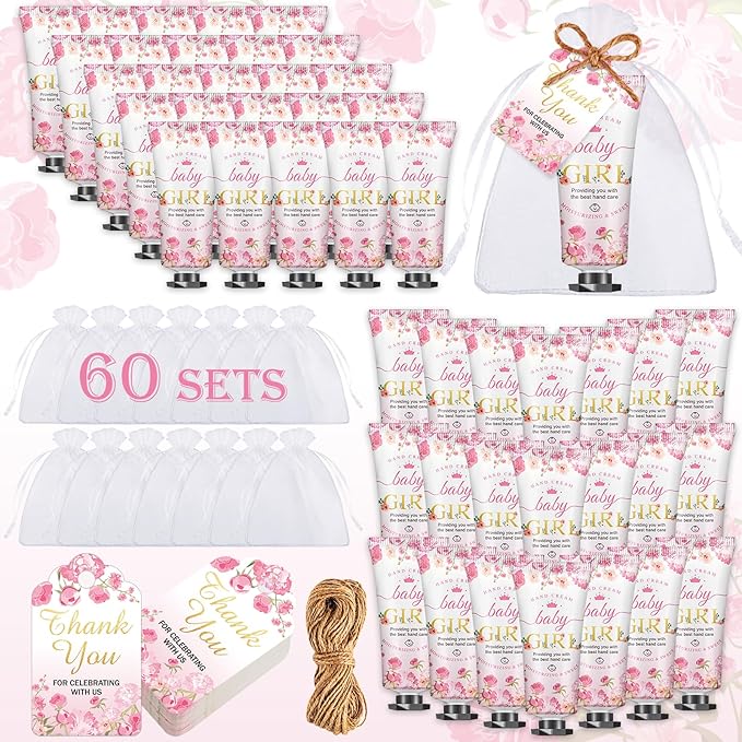 60 Sets Baby Shower Hand Cream Gifts, Baby Shower Party Favors for Guests, Hand Cream Set for Bridal Wedding Thank You Gifts, Travel Size Hand Lotion Bulk (Girl)