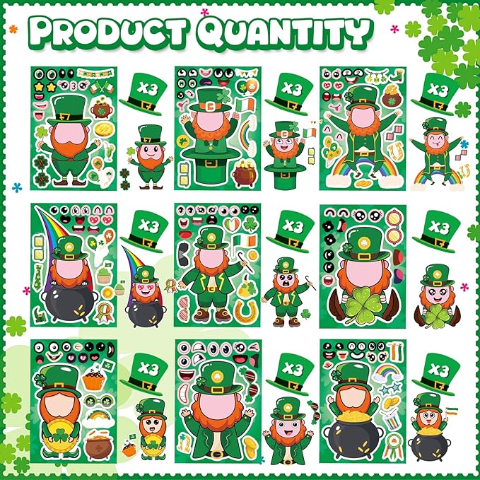 27 Sheets St Patricks Day Stickers for Kids - Leprechaun Make a Face & Shamrock & Four Leaf Clover Stickers for Irish Green Saint Patrick's Day, DIY Classroom Gifts Crafts Games Party Favors Supplies