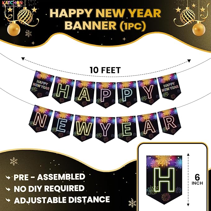 KatchOn, Happy New Year Banner and Swirls - No DIY, 10 Feet | Happy New Year Hanging Swirls for New Years Eve Party Supplies | New Years Decorations 2026 | Ceiling Decor for Nye Decorations 2026