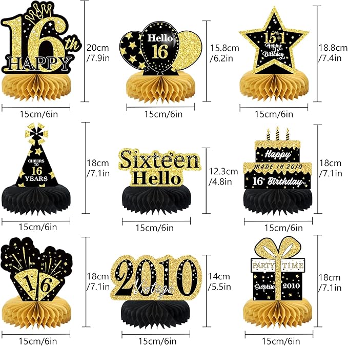 9Pcs Black Gold 16th Birthday Decorations Honeycomb Centerpieces for Boys Girls,Happy 16th Birthday Centerpieces Tables Toppers Party Decorations Supplies 16th Table Sign Decor