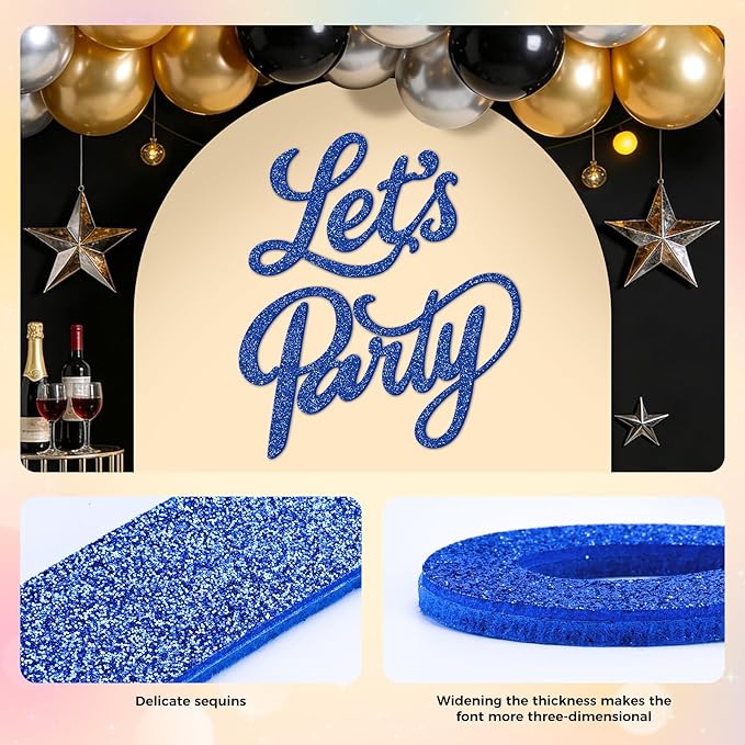 Babenest Let's Party Felt Sign, Flash Royal Blue Reusable Glitter Letter Banner for Backdrop, Balloon Arch Decor, Party Supplies for Graduation, Birthday, Wedding, Bachelorette, Christmas, Home Bar, Man Cave Wall Decorations