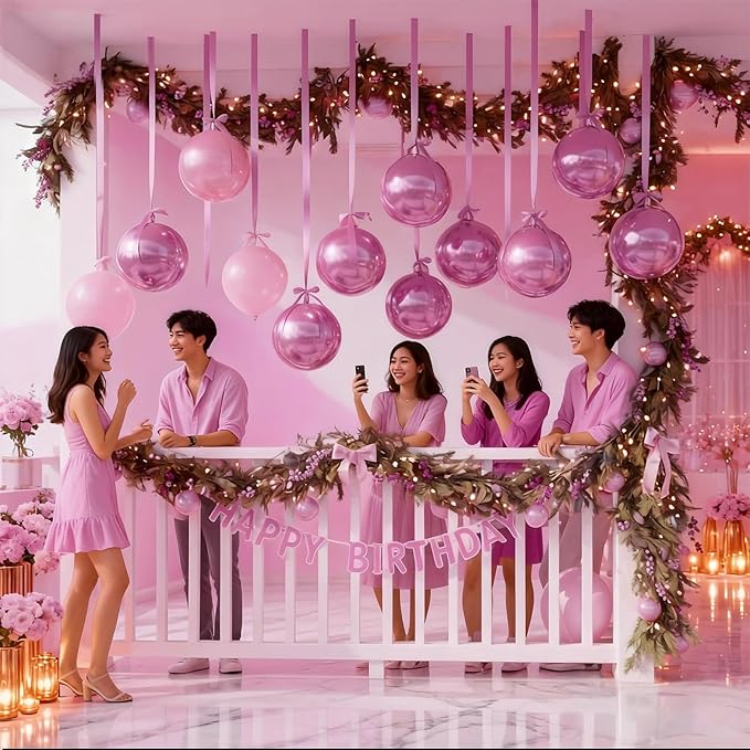 14 Pcs Pink Round Foil Balloons 22/15/10 4D Ball Balloons Light Baby Pink Metallic Balloon Ornament Mylar Balloon Chrome for Birthday Graduation Wedding Anniversary New Year Disco Party Decor