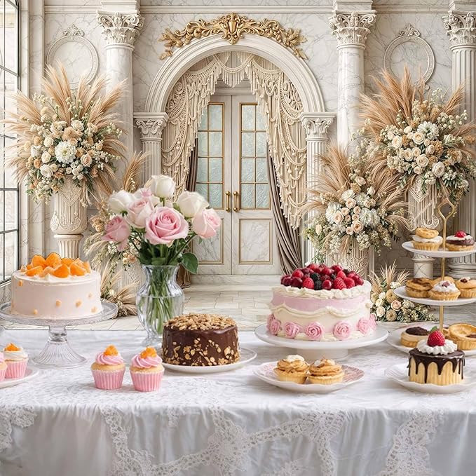 8X6ft European Retro Palace Backdrop Elegant Boho Flowers Photography Background Luxurious Dreamlike Wedding Bridal Shower Party Decoration Supplies Cake Table Photo Booth Studio Props