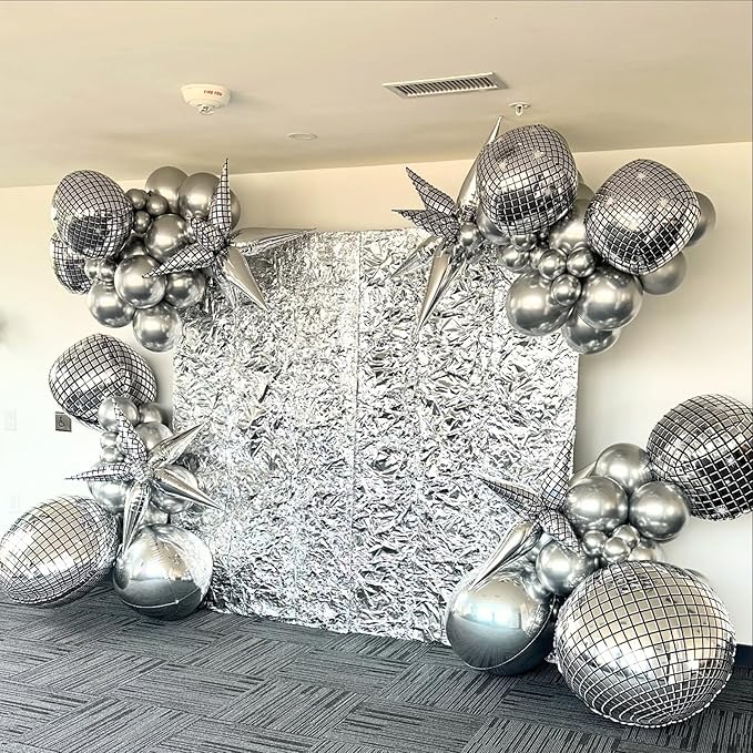 14 Pcs Disco Ball Balloons 22/15/10 4D Ball Balloons Metallic Silver Disco Mylar Balloon Chrome for Birthday Bachelorette 70s 80s 90s Themed Graduation Retro New Year Eve Prom Party Decor