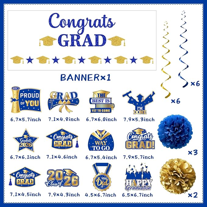 Graduation Decorations 2026, Glitter Congrats Grad Banner Hanging Swirls and Tissue Pom Poms, Blue and Gold Graduation Decorations 2026 for Class of 2026 College Graduations Party Decorations