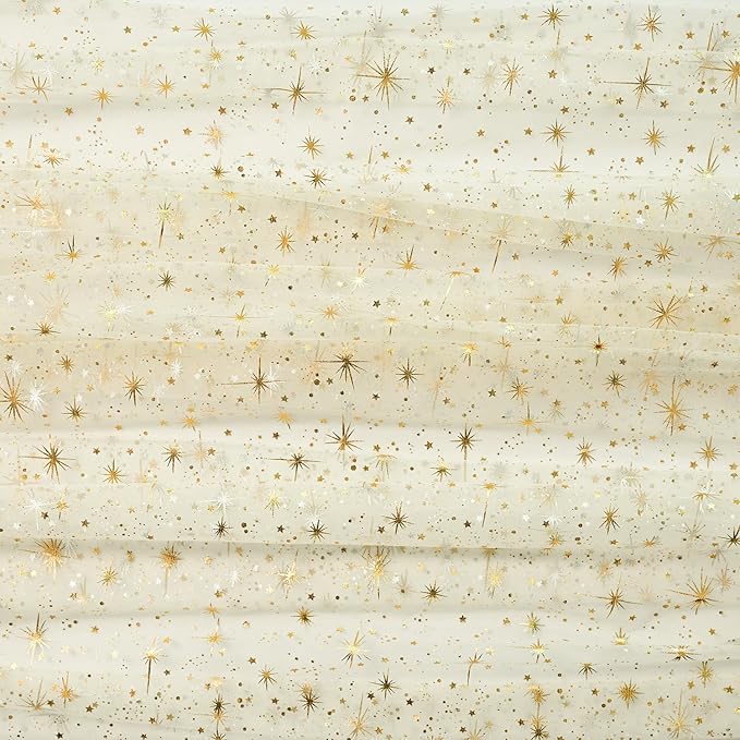Horaldaily Beige Gold Sparkling Star Gauze Tablecloth 60x84 Inch Rectangular, Golden Star Sequin Glitter Metallic Foil, Sheer Tulle Cheesecloth for Wedding Baby Shower Party