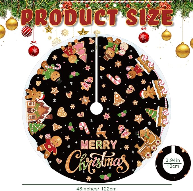 Capoda Black Christmas Tree Skirt Gingerbread Man Candy Christmas Tree Skirt 48 Inch Xmas Tree Mat Gingerbread Christmas Tree Skirts Mat for Holiday Christmas Party Decorations Indoor Outdoor