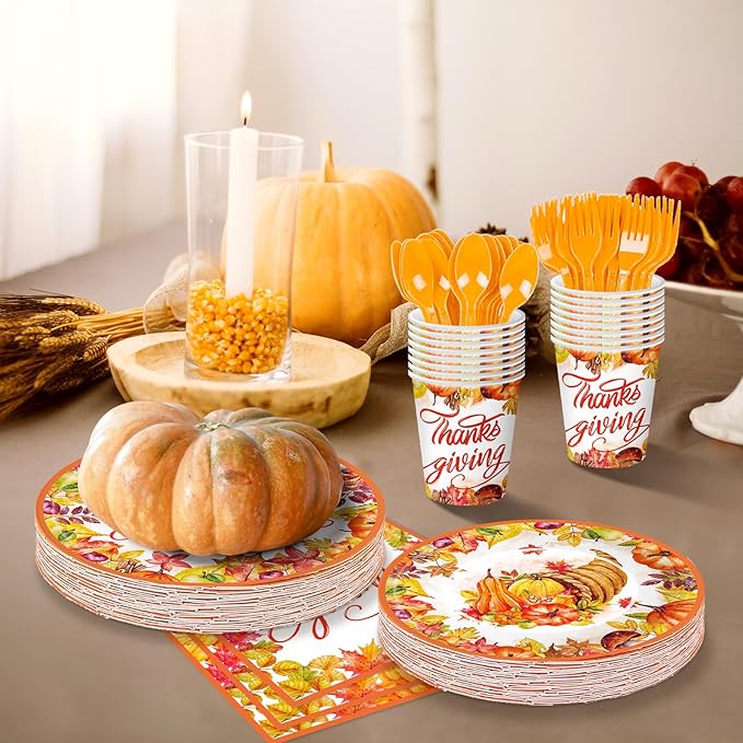 175 Pcs Thanksgiving Tableware Set - Serves 25, Harvest-Themed Disposable Plates, Cups, Napkins, Plastic Forks, Spoons, Knives for Thanksgiving Day Dinner, Fall Party Supplies, Autumn Gatherings