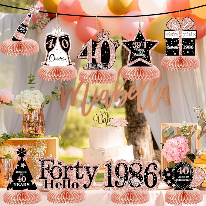 9Pcs 40th Birthday Decorations Honeycomb Centerpieces for Women, Rose Gold Pink Happy 40th Birthday Centerpieces Tables Toppers Party Decorations Supplies, Vintage 1986 Aged Table Sign Decor