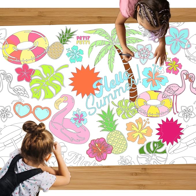 xo, Fetti Pool Party Paper Coloring Tablecloth - 9' x 4.5' | Summer Tablescape, Palm Tree Dinner Party Setting, Kids Birthday Decoration, Cute Tablecover, Beach Table DIY