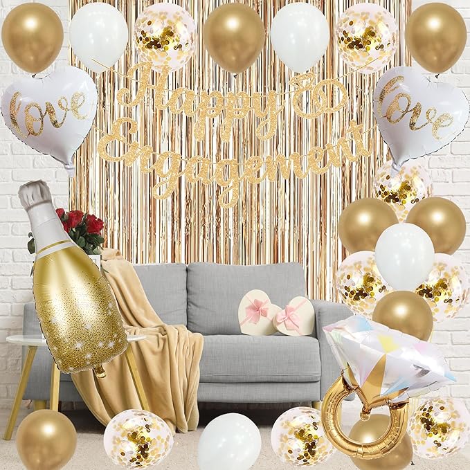 Trgowaul Champagne Gold Engagement Party Decorations, Happy Engagement Banner Backdrop, Bride&Groom Sash for Bridal Shower, Ring Foil Balloon, Just Engaged Cake Topper Wedding Shower Decor
