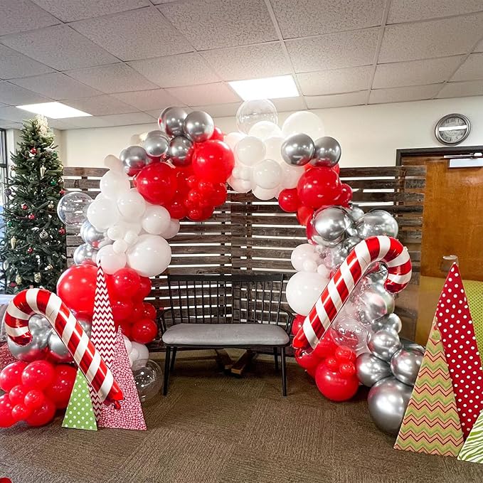 Christmas Balloon Arch Kit 129 Pcs Red White Silver Snowflake Confetti Latex Balloons Xmas Candy Cane Foil Balloon for Merry Christmas Friendsmas Winter New Year Birthday Party Decor