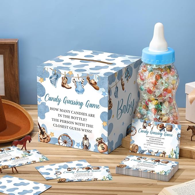 Glenmal 52 Pcs Baby Shower Games Gift Sets Large Baby Bottle for Shower Game Guess How Many Candies Decorations for Gender Reveal (Cowboy)