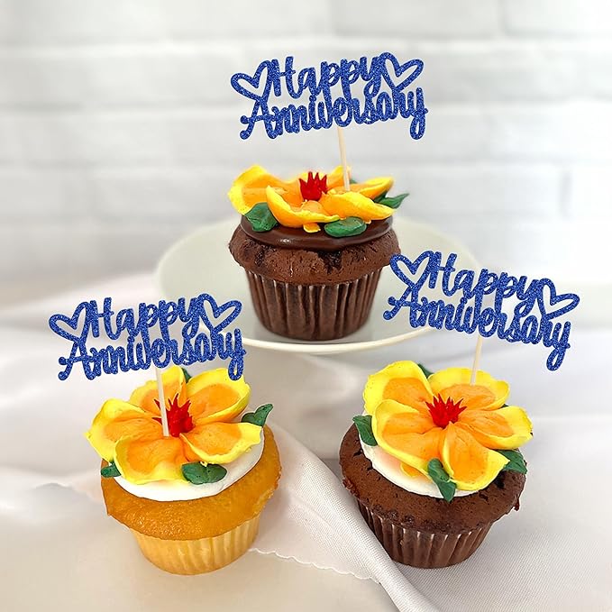 Gyufise 24Pcs Happy Anniversary Cupcake Toppers Glitter Anniversary Party Supplies Cake Decorations Wedding Celebration Party Decoration Supplies Blue