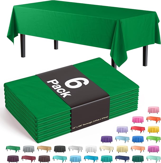 Exquisite Party Solids 6-Pack Premium Plastic Tablecloth 54in. x 108in. Rectangle Plastic Table Cover - Emerald Green