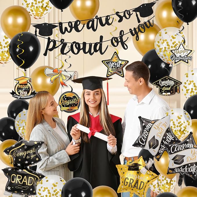 Graduation Decorations 2026,We Are So Proud of You Banner, Black and Gold Confetti Balloon,Foil Balloons, Hanging Congrats Grad Swirls for High School,College Graduation Party Supplies