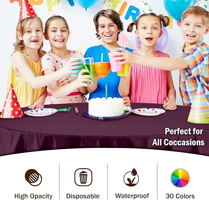Exquisite Party Solids 6-Pack Premium Plastic Tablecloth 84in. Round Plastic Table Cover - Plum