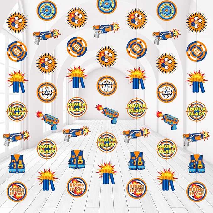 Xinnun Dart Battle Party Decorations Wars Garlands Banners Bullet Target Gun Theme Banner Cutouts Ribbon Streamers for Dart Battle Birthday Party Supplies Favors