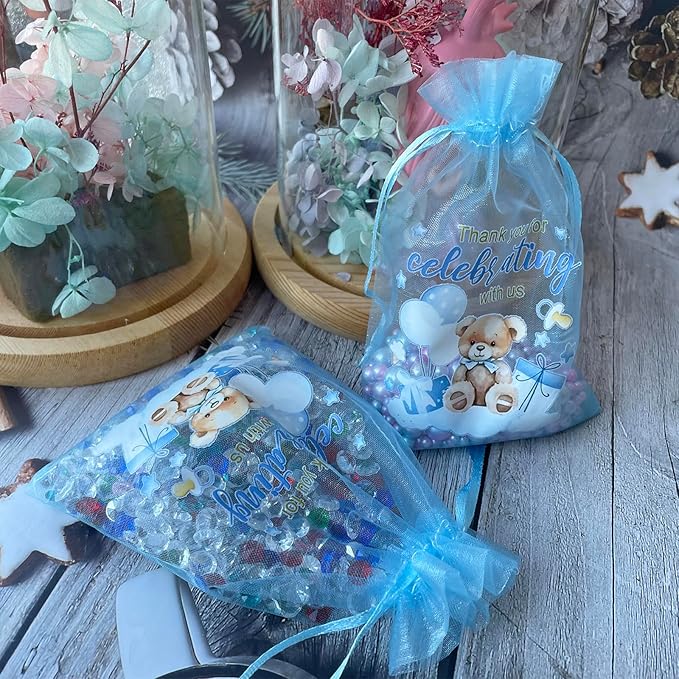 LXKBD 50PCS Organza Bags for Baby Shower Party Favor,4x6 Inch Small Blue Sheer Drawstring Mesh Pouch for Boy Birthday Gift Bag