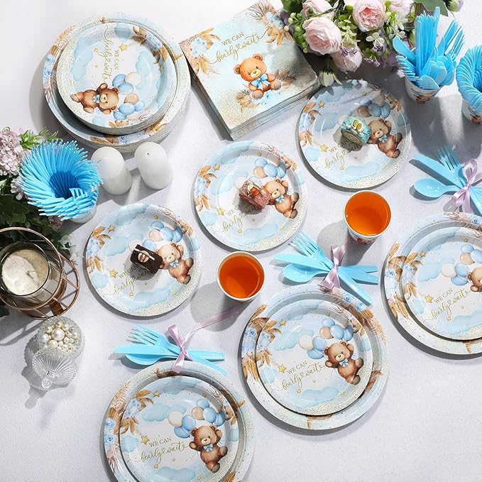350 Pcs Bear Baby Shower Party Supplies We Can Bearly Wait Paper Plates Napkins Cups and Plastic Cutlery Party Tableware Set for Bear Baby Shower Birthday Decorations, Serves 50
