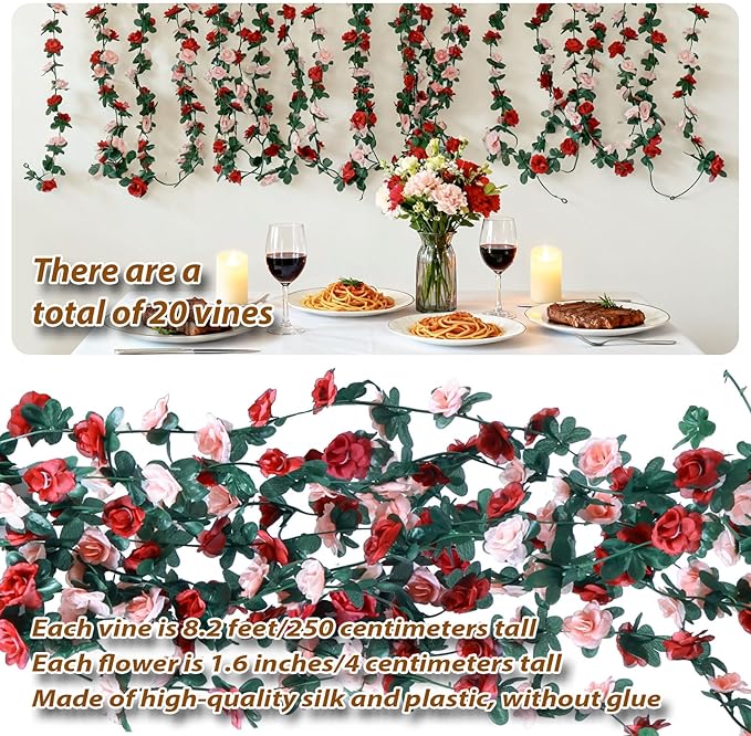 Miracliy 8Pcs 66FT Red Flower Garland, Orange Artificial Rose Floral Vines Fake Hanging Spring Flower Garland for Wall Backdrop Wedding Arch Tea Party Door Mantle Decoration