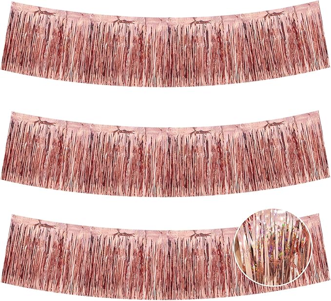 BEISHIDA 3 Packs Metallic Foil Fringe Garland Laser Rose Gold Wall Hanging Tinsel Fringe Banners for Car Floats Birthday Baby Bridal Shower Wedding Graduation Holiday Party Decoration(30 Feet)