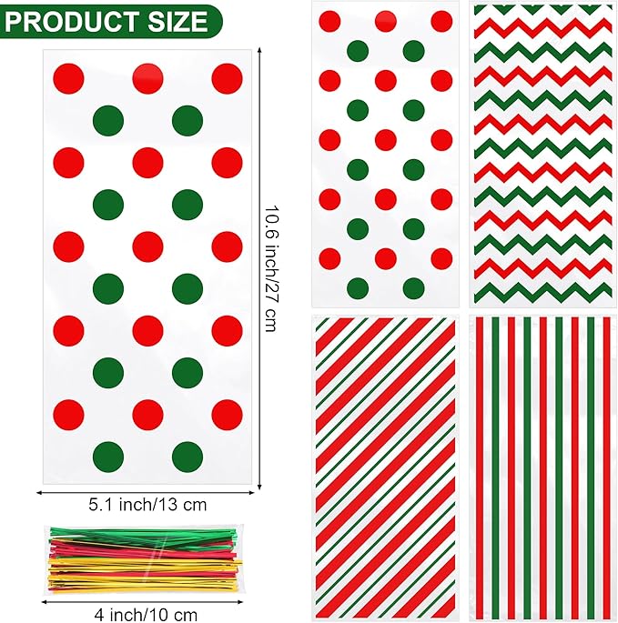 Aodaer 100 Pcs Christmas Cellophane Bags, 10.6 x 5.1 Inch Classic Red Green Plastic Candy Bags, Polka Dot Stripes Printed Pattern Goodie Gift Bag with Twist Ties for Christmas Birthday Party Supplies