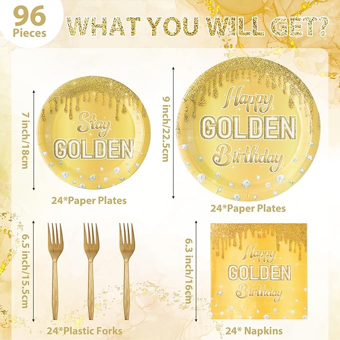 Happy Golden Birthday Gold Glitter Golden Diamond Party Plates Supplies - Serves 24-96Pcs Party Tableware Decorations Disposable Paper Plates Napkins Forks for Birthday Anniversary
