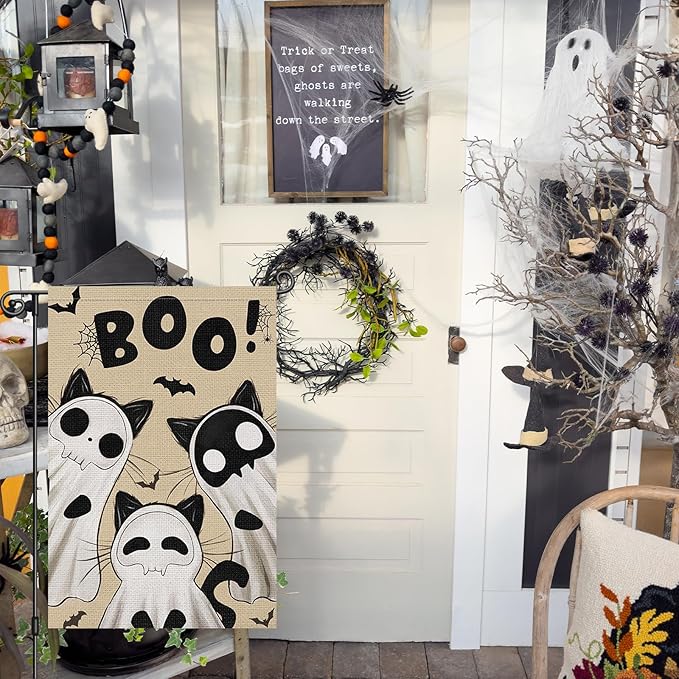 Heyfibro Ghost Black Cat Halloween Garden Flag 12x18 Inch Double Sided Cute Boo Yard Flag Burlap Spooky Small Halloween Flags for Outside House Yard Farmhouse Holiday Decoration