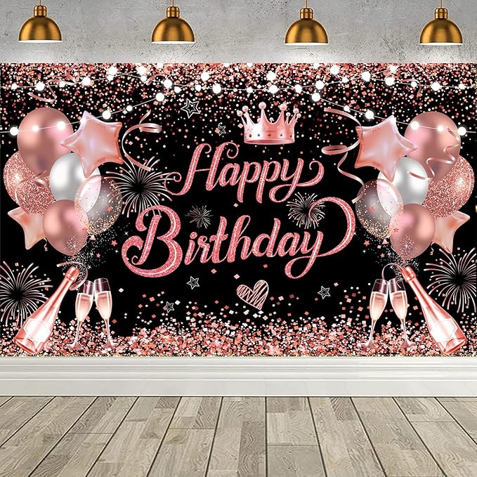 YinQin 180x120 cm Glitter Rose Golden Happy Birthday Party Backdrops Cloth 71x47 inch Pink Golden Bday Photography Backgrounds Black Rose Gold Happy Birthday Sign Banner Decorations for Girl Women
